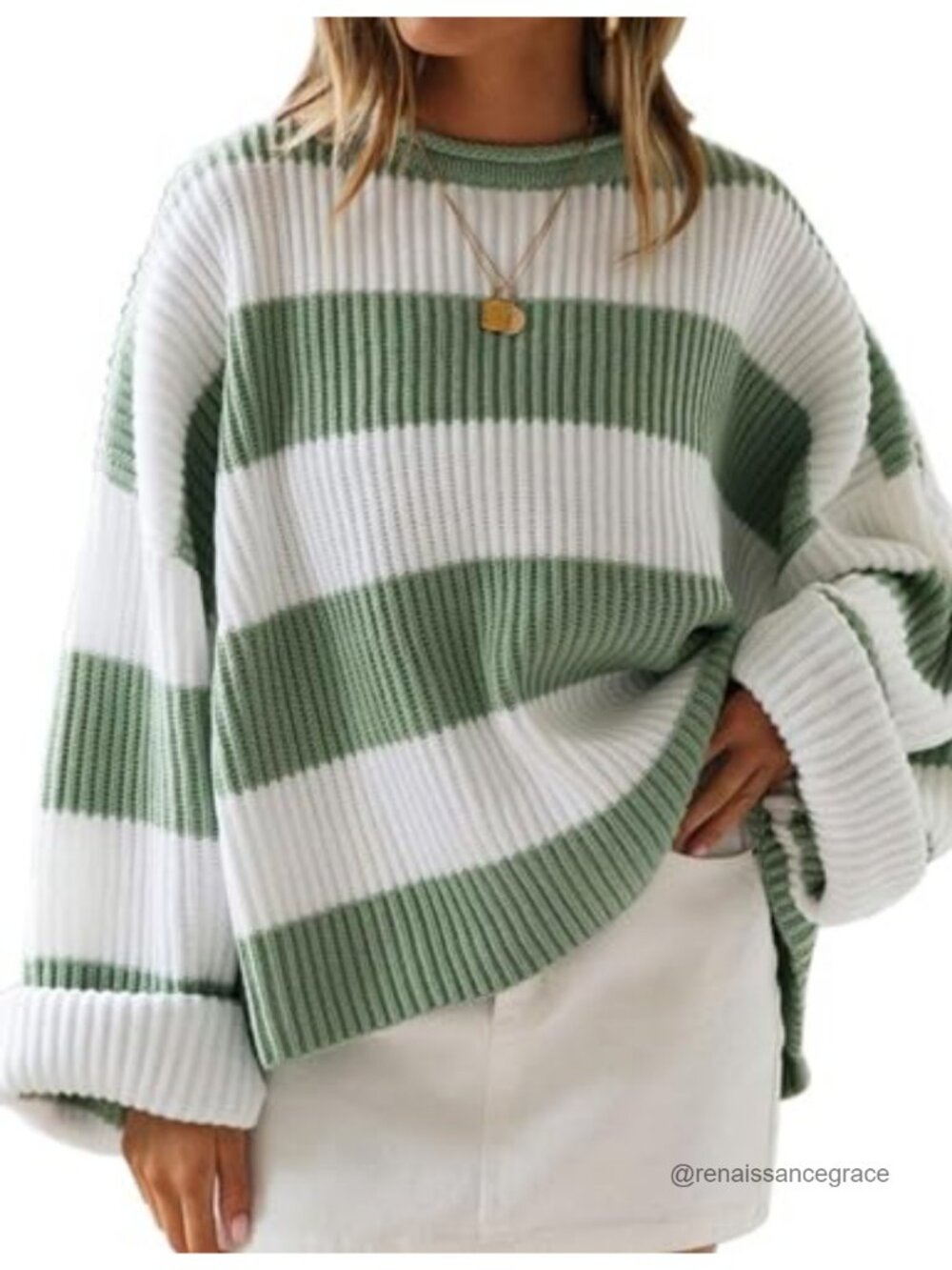 Oversized Striped Knit Pullover Sweater Long Sleeve Crew Neck